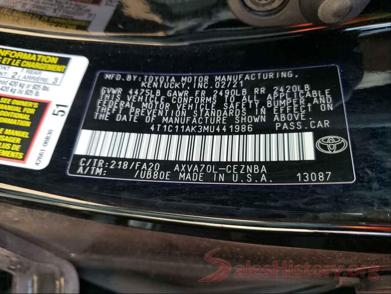 4T1C11AK3MU441986 2021 TOYOTA CAMRY