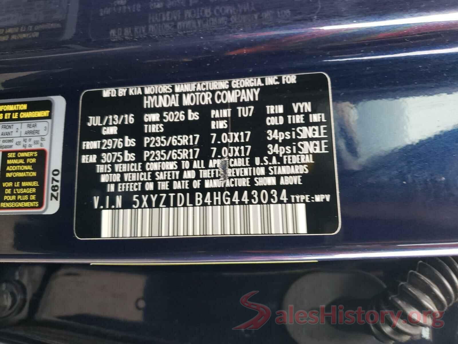 5XYZTDLB4HG443034 2017 HYUNDAI SANTA FE