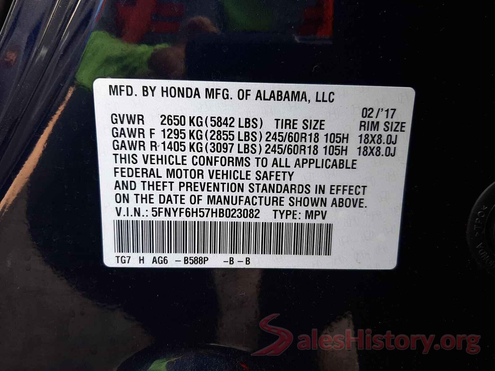 5FNYF6H57HB023082 2017 HONDA PILOT