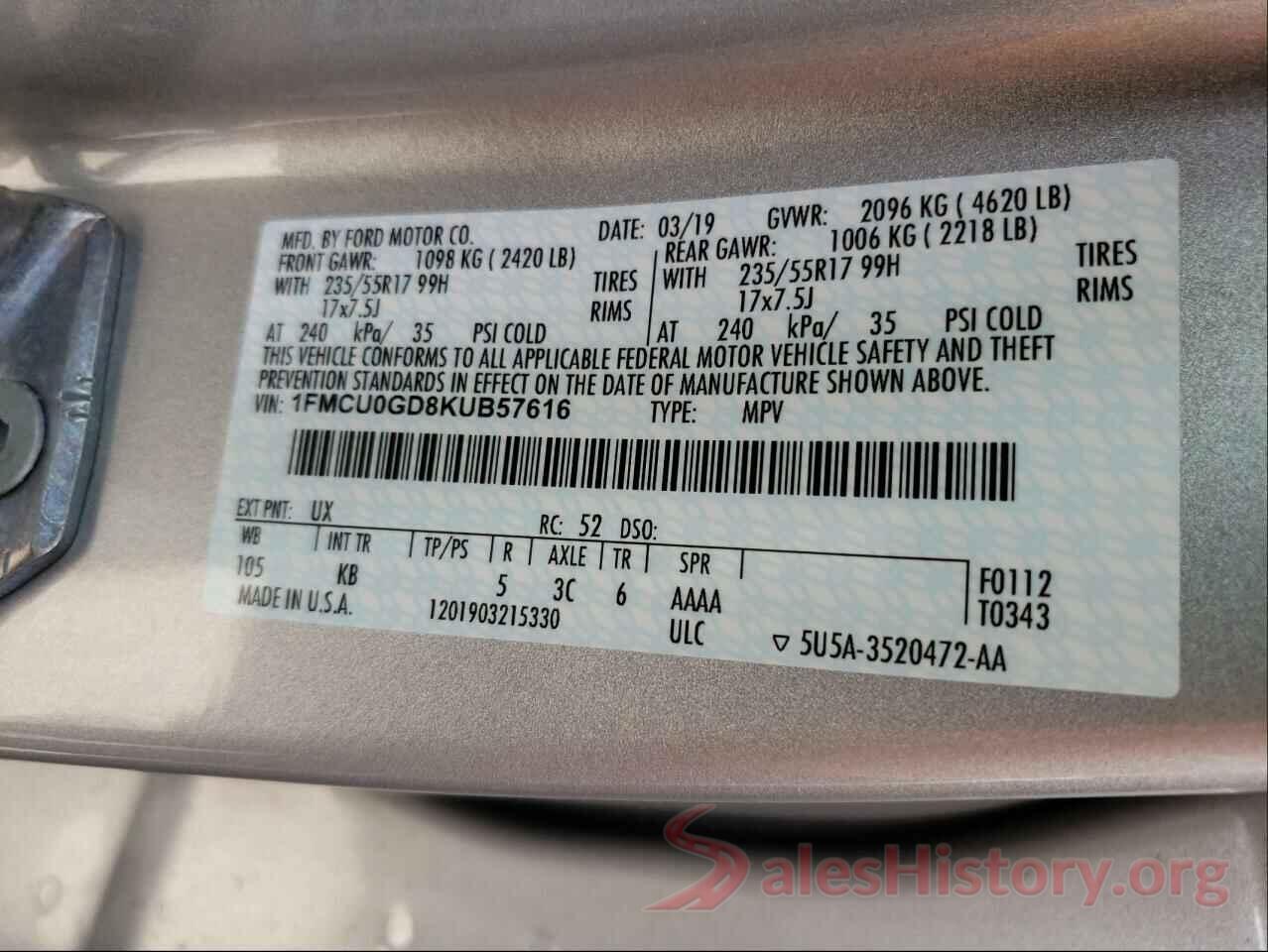 1FMCU0GD8KUB57616 2019 FORD ESCAPE