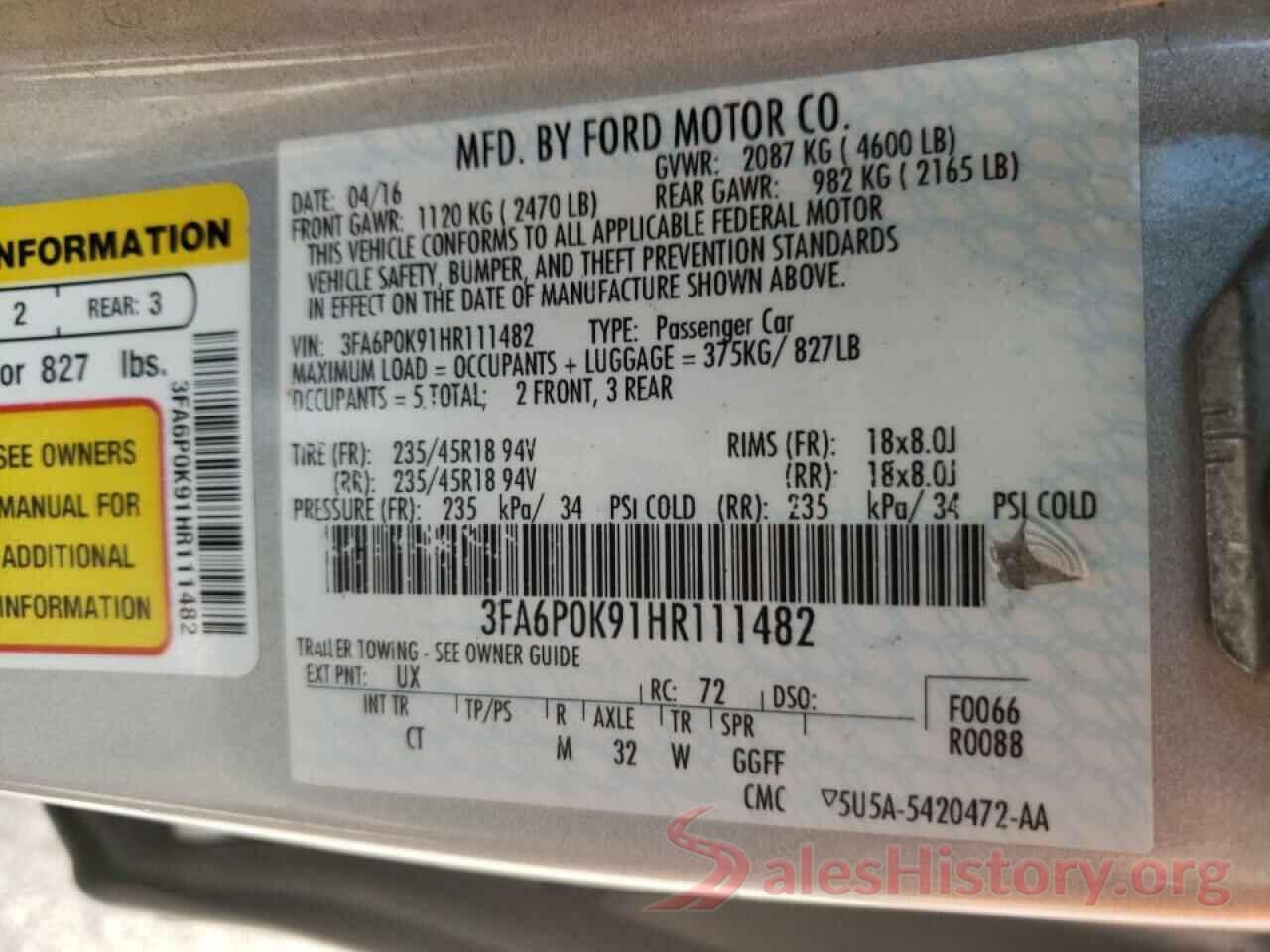 3FA6P0K91HR111482 2017 FORD FUSION