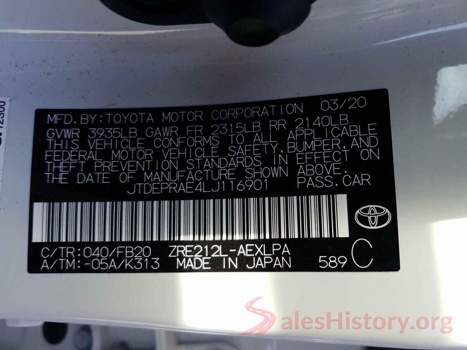 JTDEPRAE4LJ116901 2020 TOYOTA COROLLA