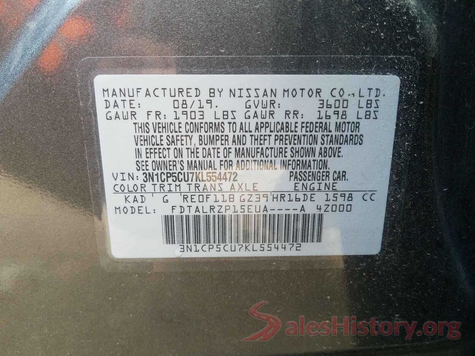 3N1CP5CU7KL554472 2019 NISSAN KICKS