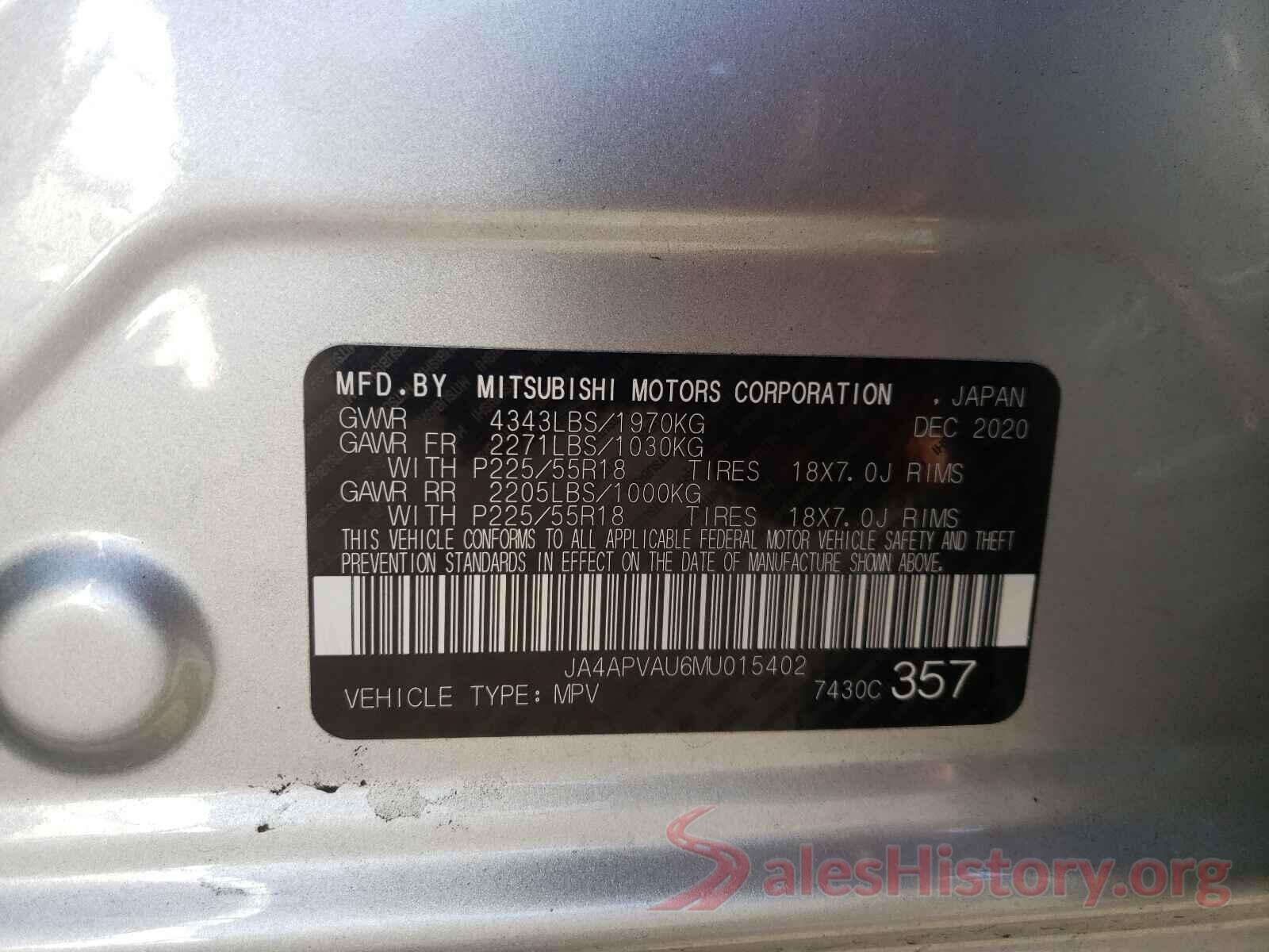 JA4APVAU6MU015402 2021 MITSUBISHI OUTLANDER