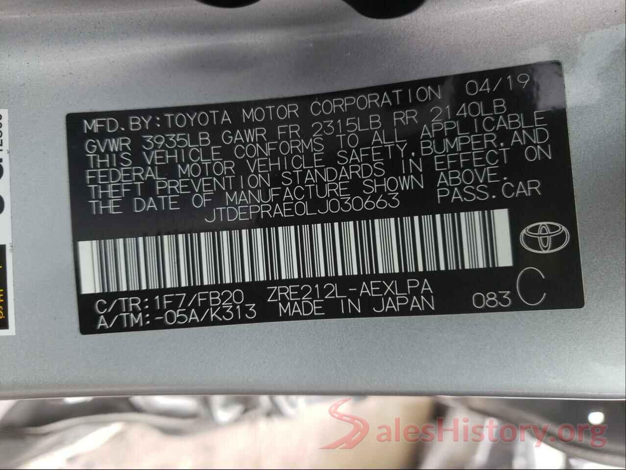 JTDEPRAE0LJ030663 2020 TOYOTA COROLLA