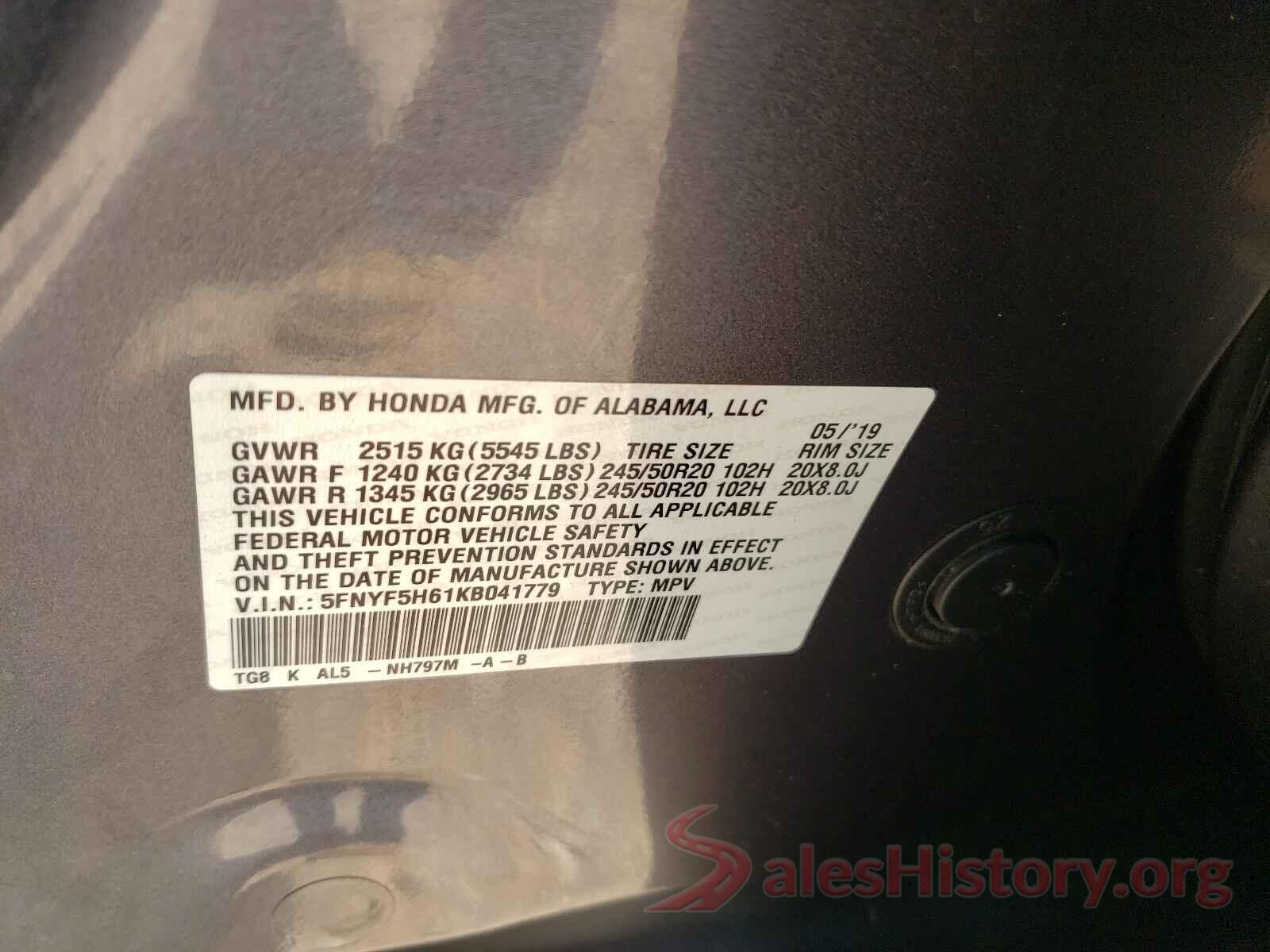 5FNYF5H61KB041779 2019 HONDA PILOT