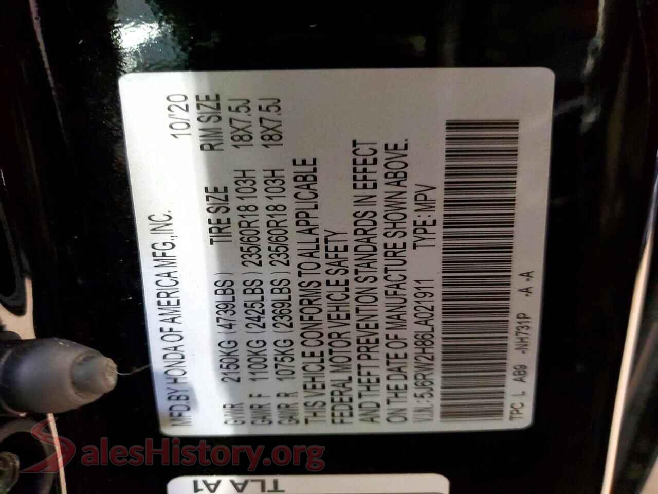 2020 HONDA CRV VIN 5J6RW2H86LA021911, trunk area