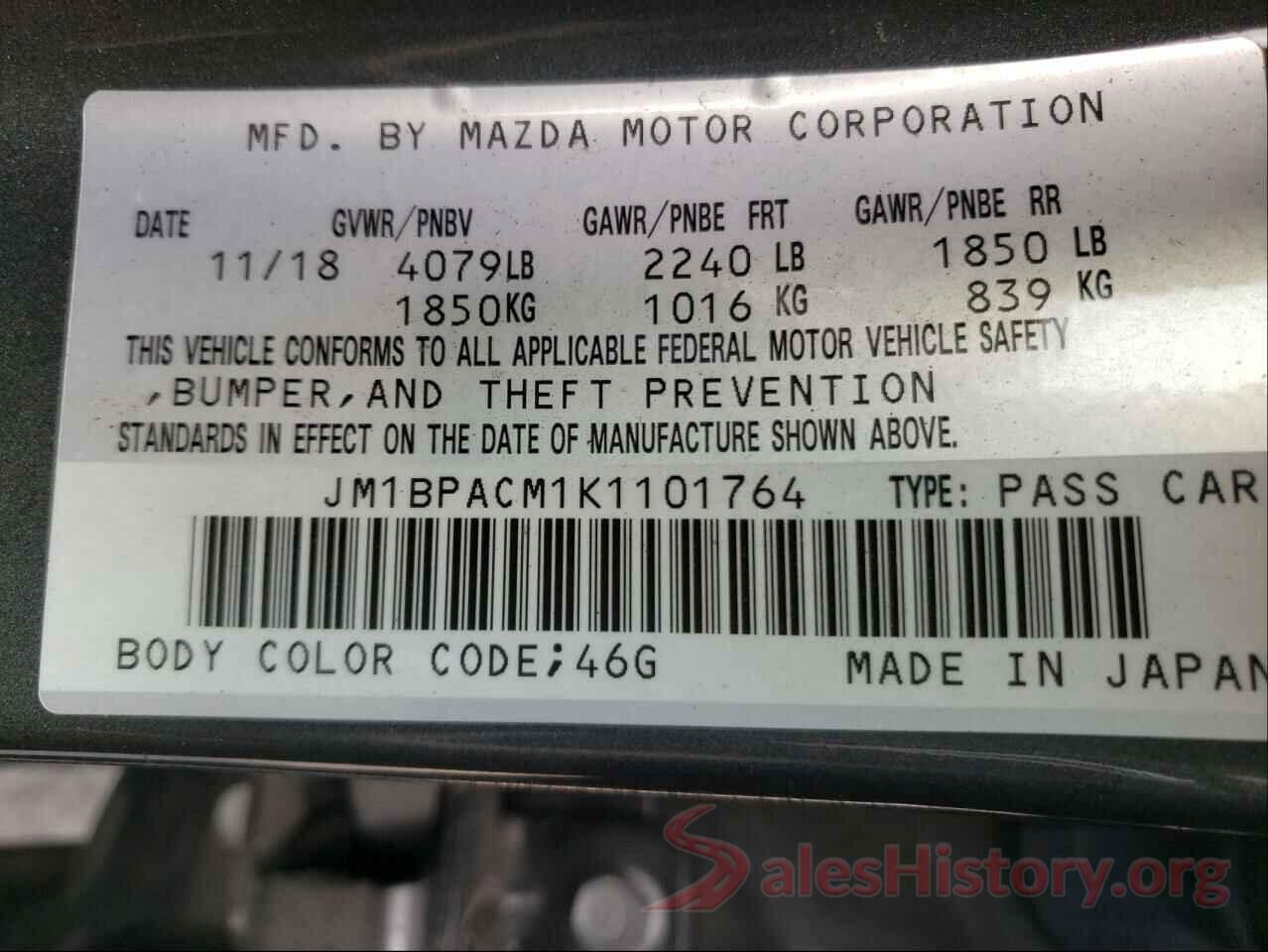 JM1BPACM1K1101764 2019 MAZDA 3