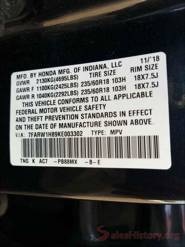 7FARW1H89KE003302 2019 HONDA CRV