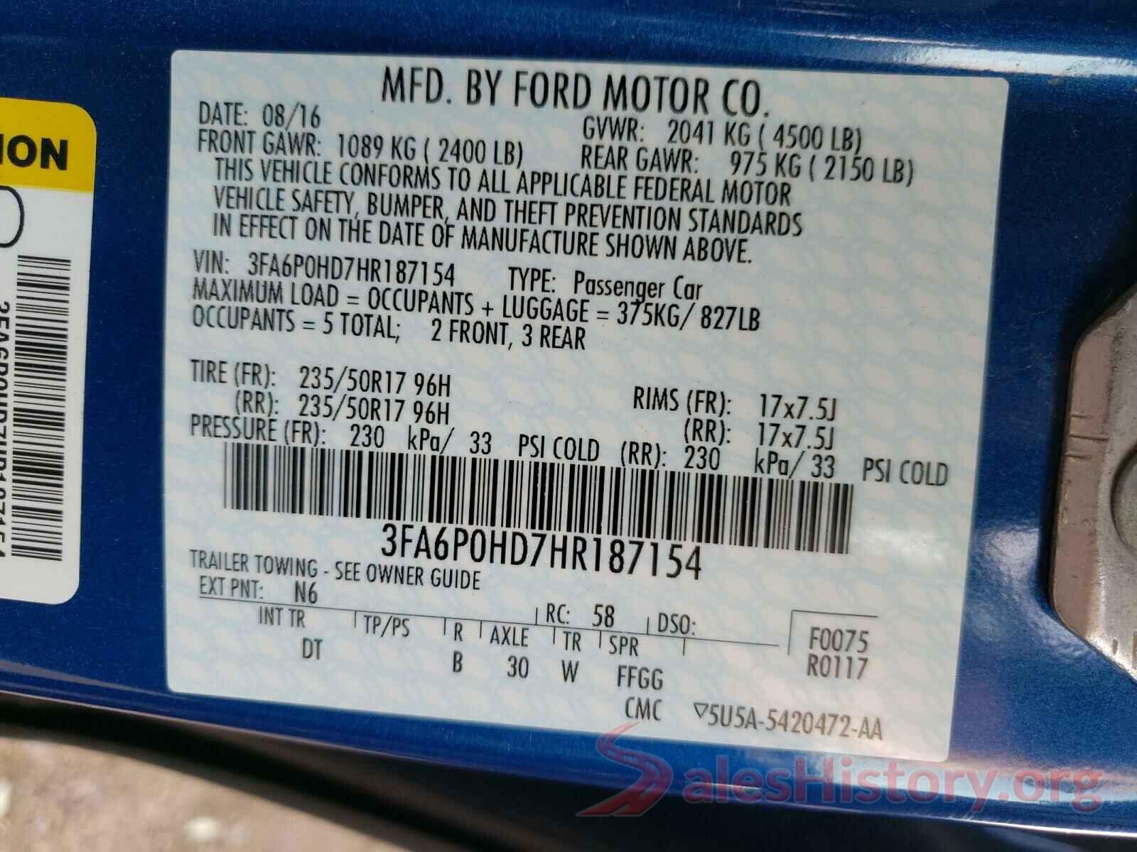 3FA6P0HD7HR187154 2017 FORD FUSION