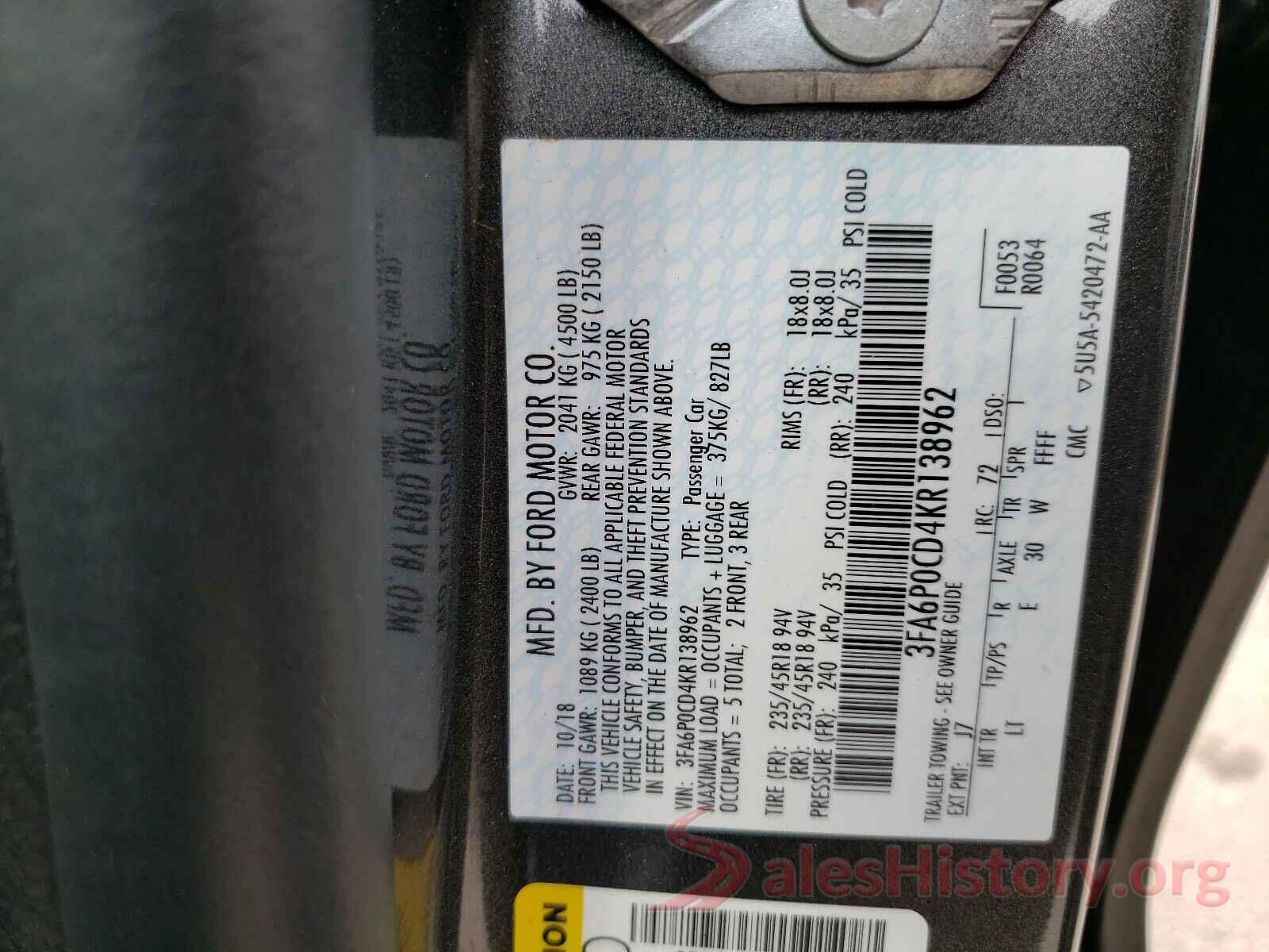 3FA6P0CD4KR138962 2019 FORD FUSION