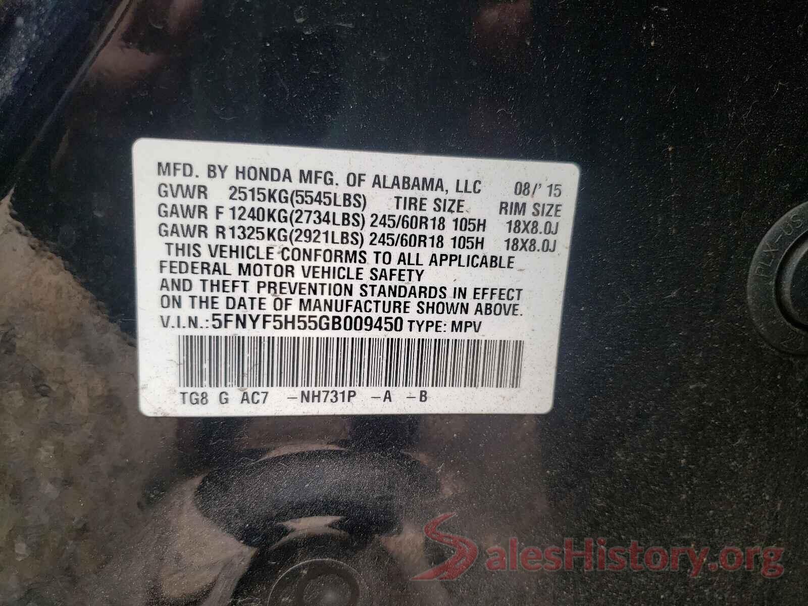 5FNYF5H55GB009450 2016 HONDA PILOT