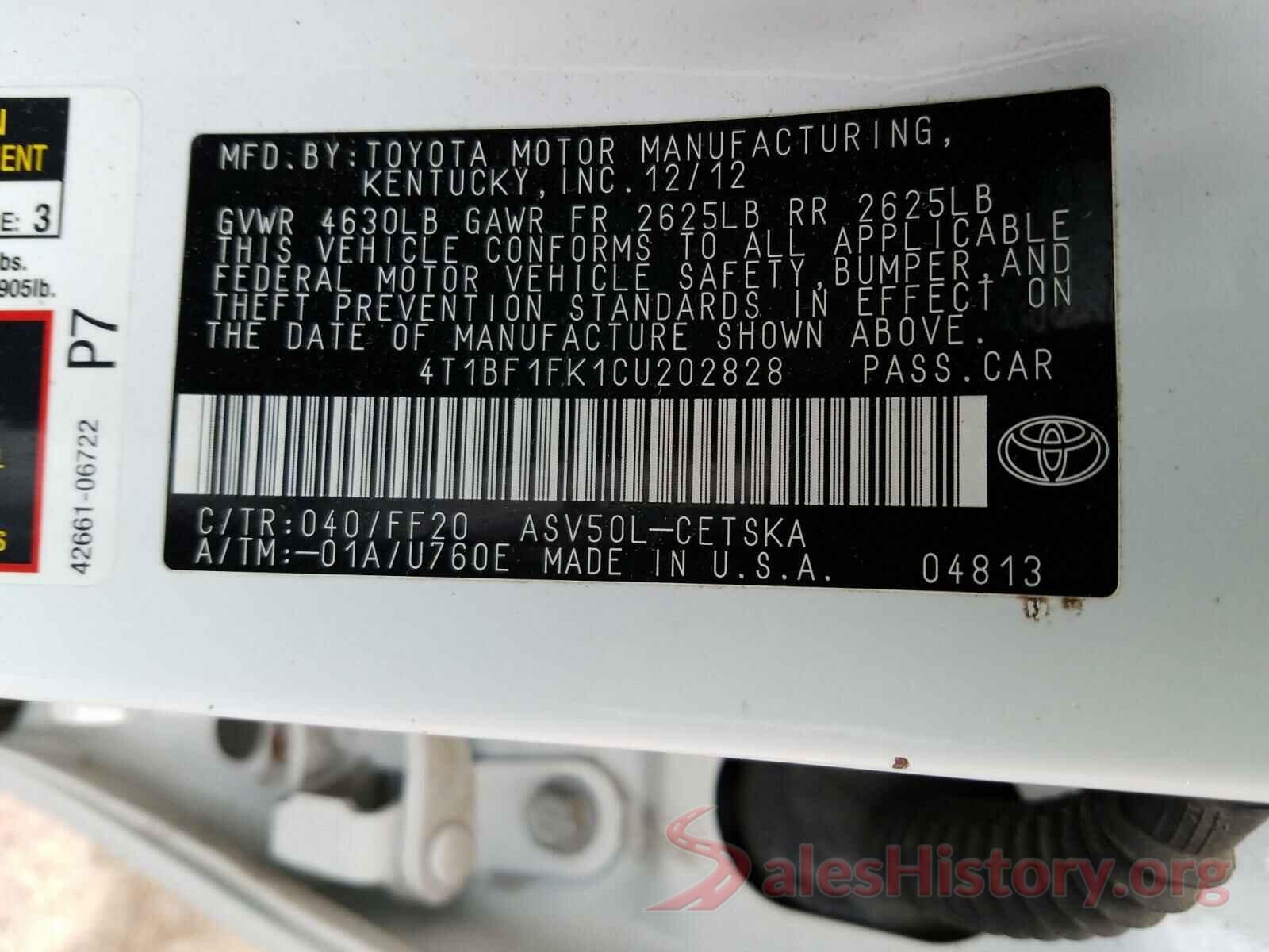 4T1BF1FK1CU202828 2012 TOYOTA CAMRY