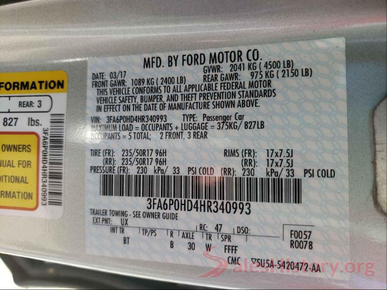 3FA6P0HD4HR340993 2017 FORD FUSION