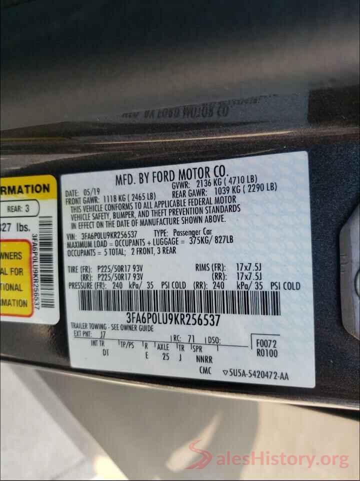 3FA6P0LU9KR256537 2019 FORD FUSION