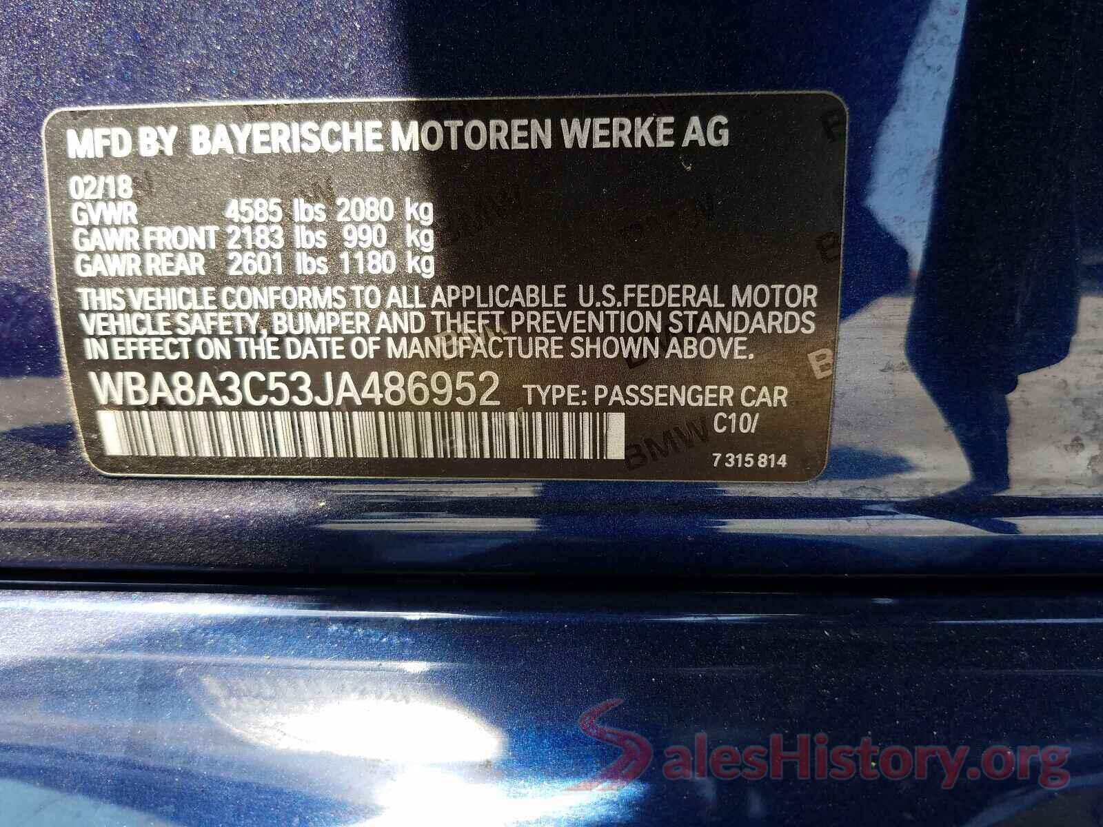 WBA8A3C53JA486952 2018 BMW 3 SERIES