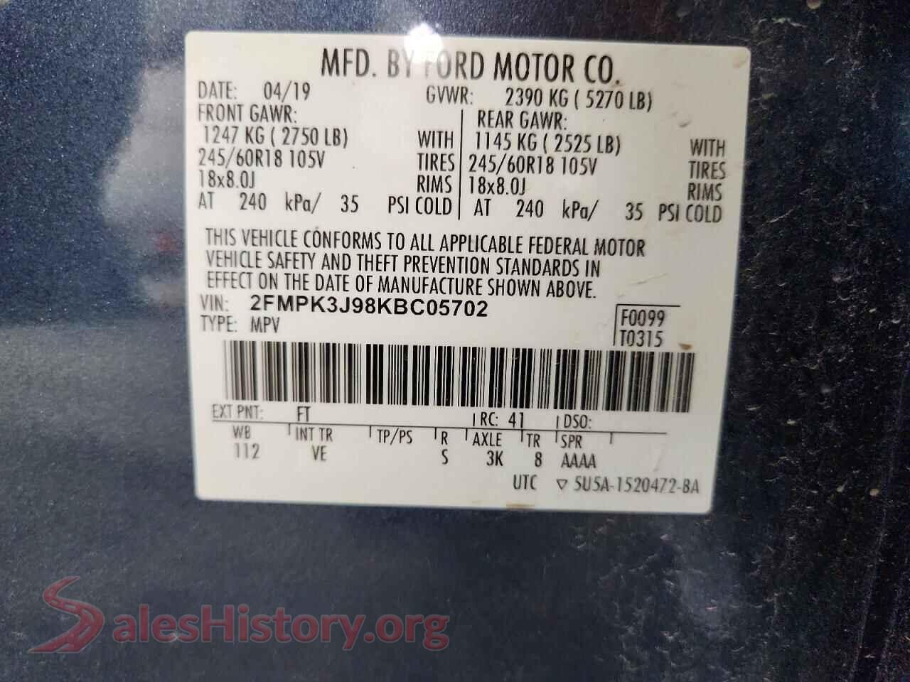 2019 FORD EDGE VIN 2FMPK3J98KBC05702, wheel and tire