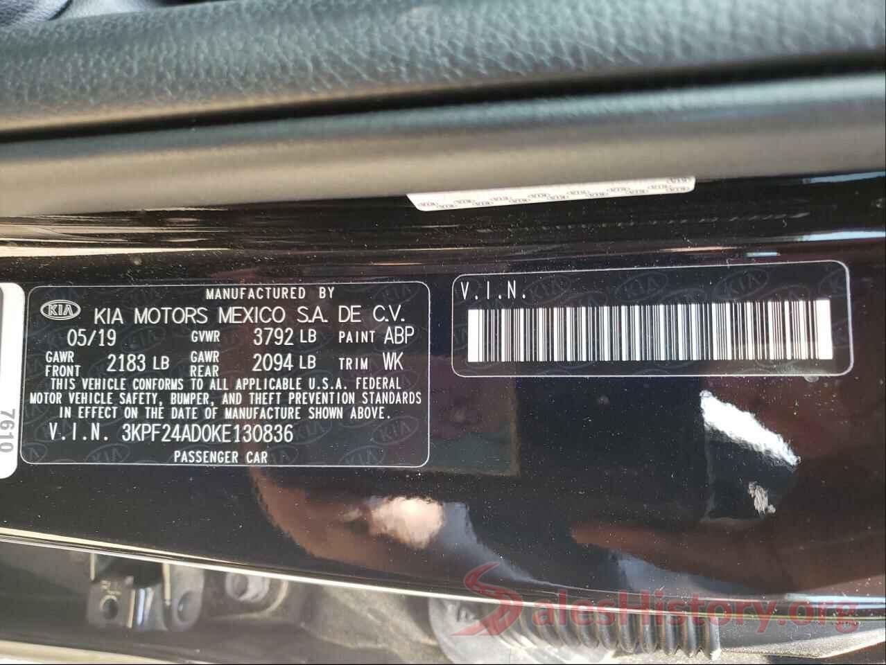 3KPF24AD0KE130836 2019 KIA FORTE