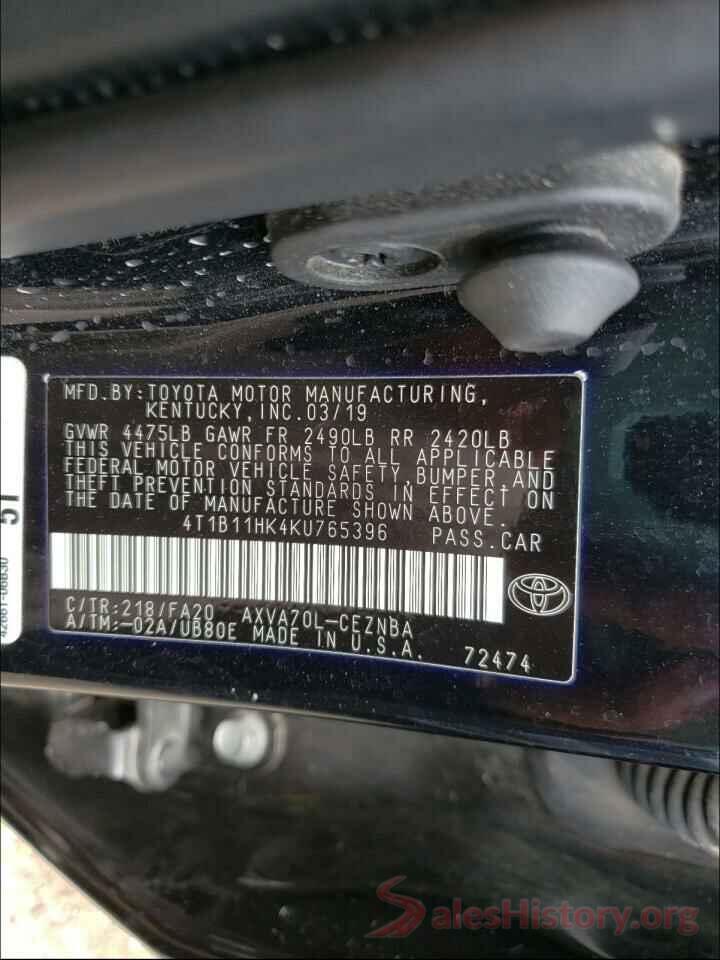 4T1B11HK4KU765396 2019 TOYOTA CAMRY