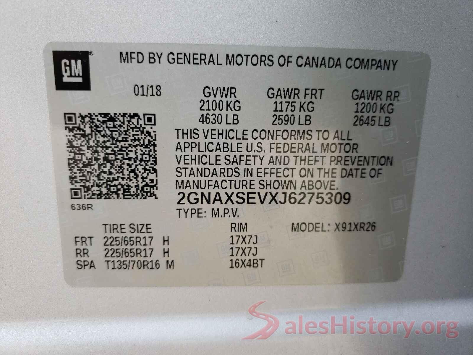 2GNAXSEVXJ6275309 2018 CHEVROLET EQUINOX