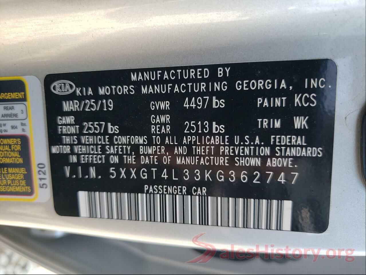 5XXGT4L33KG362747 2019 KIA OPTIMA