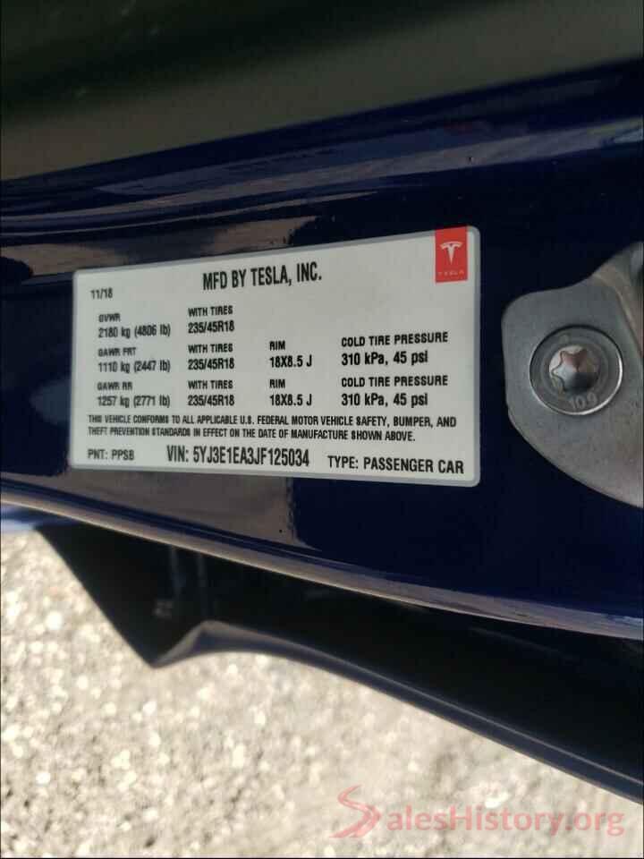 5YJ3E1EA3JF125034 2018 TESLA MODEL 3