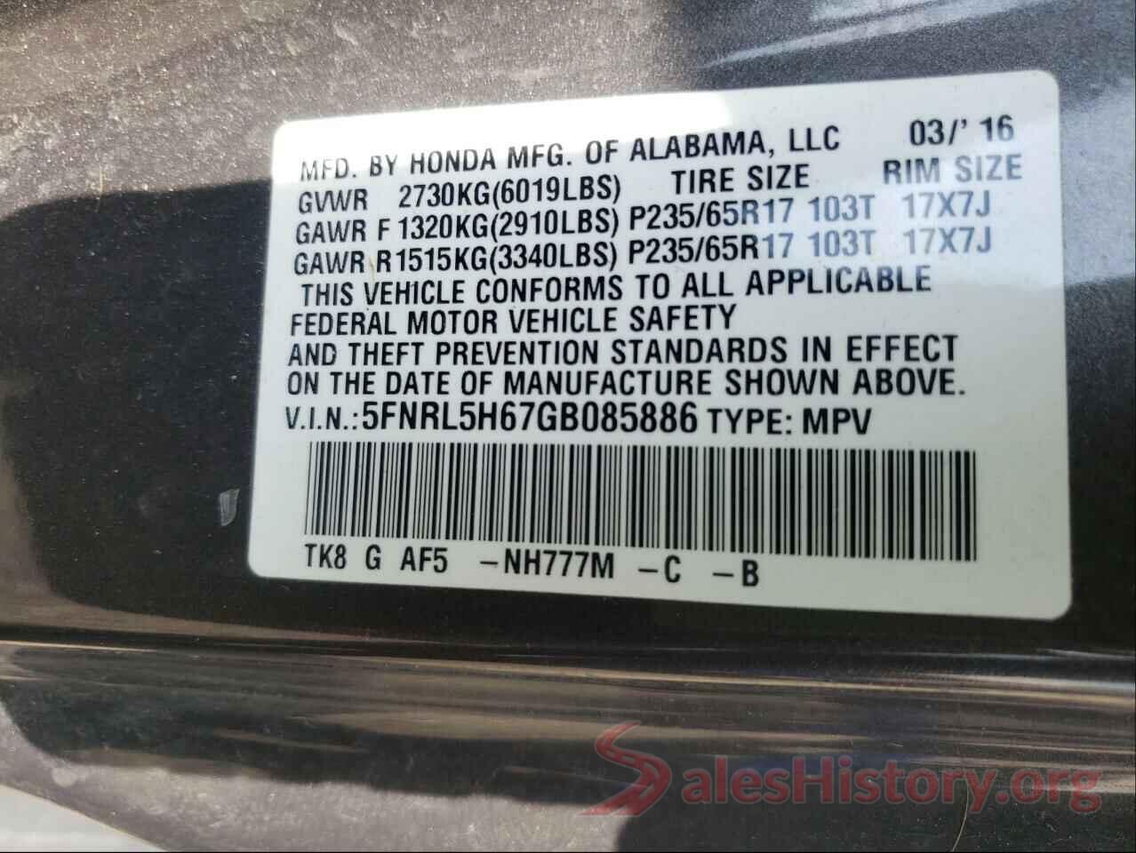 5FNRL5H67GB085886 2016 HONDA ODYSSEY