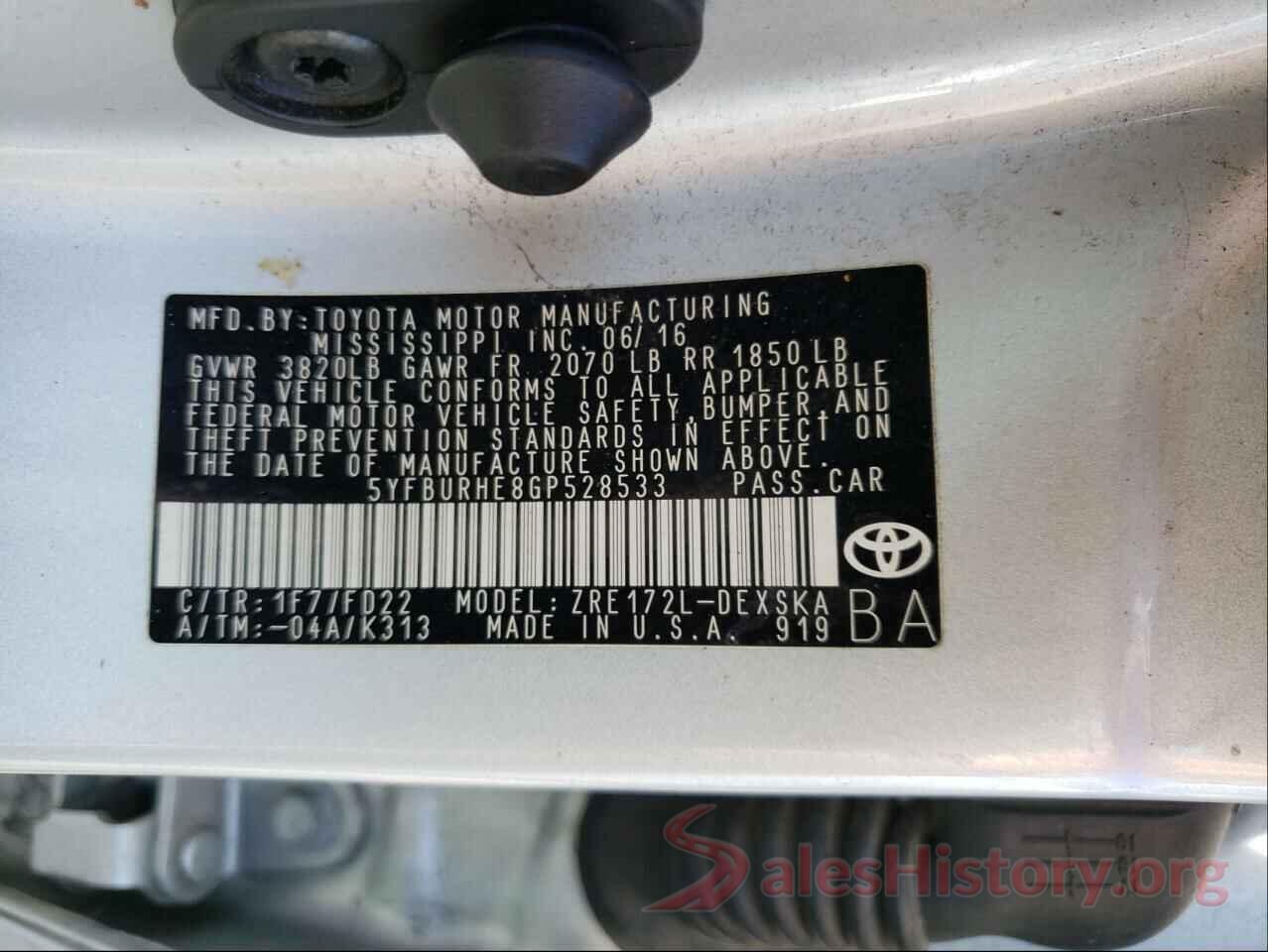 5YFBURHE8GP528533 2016 TOYOTA COROLLA