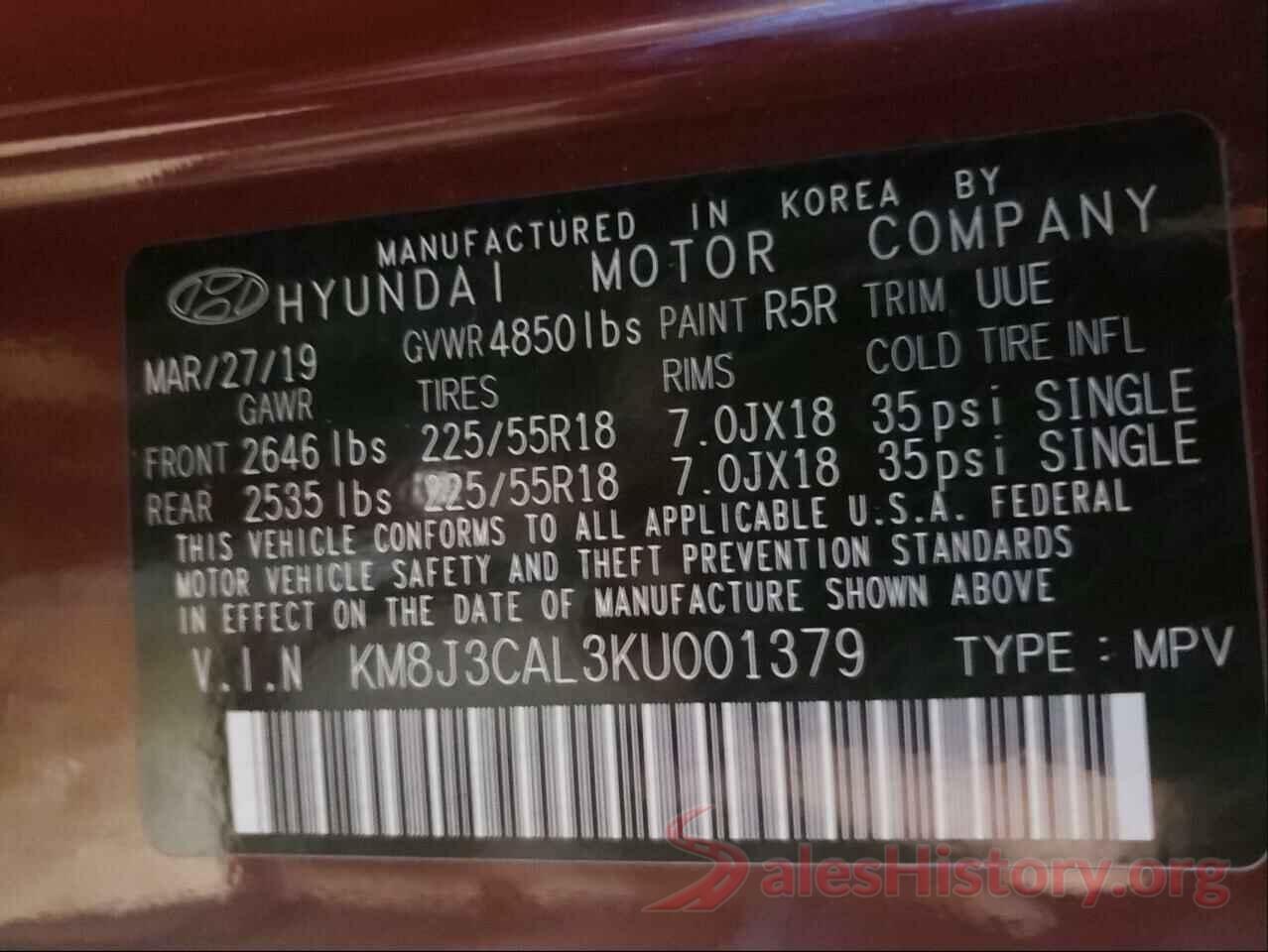 KM8J3CAL3KU001379 2019 HYUNDAI TUCSON