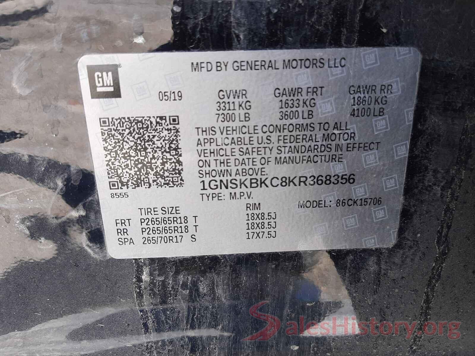 1GNSKBKC8KR368356 2019 CHEVROLET TAHOE