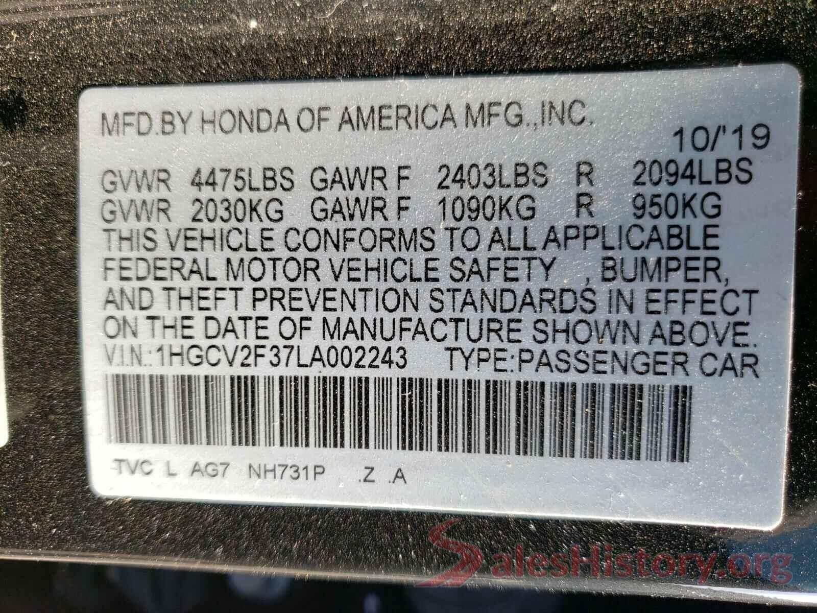 1HGCV2F37LA002243 2020 HONDA ACCORD