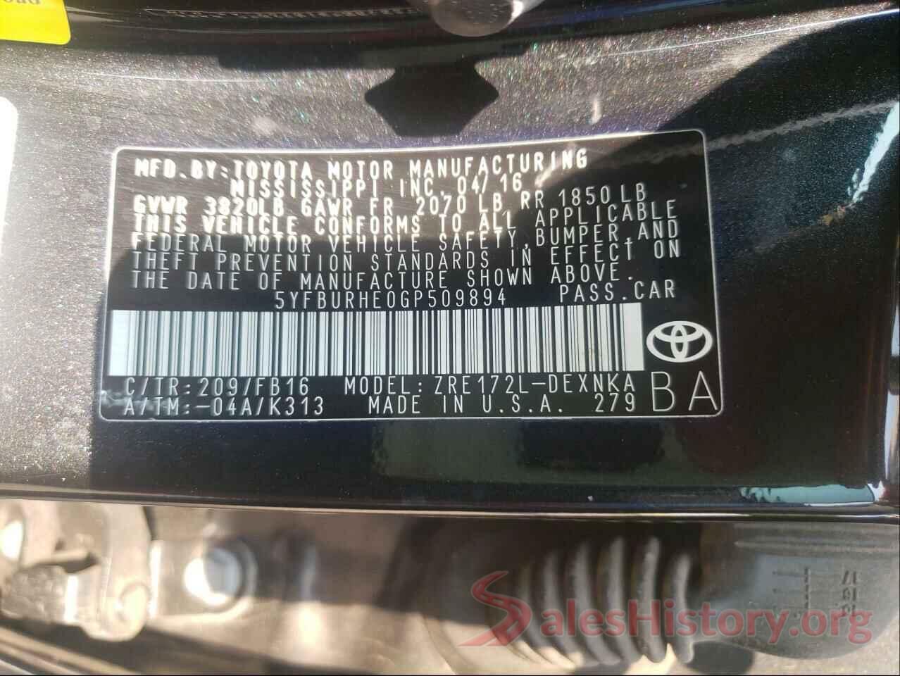 5YFBURHE0GP509894 2016 TOYOTA COROLLA