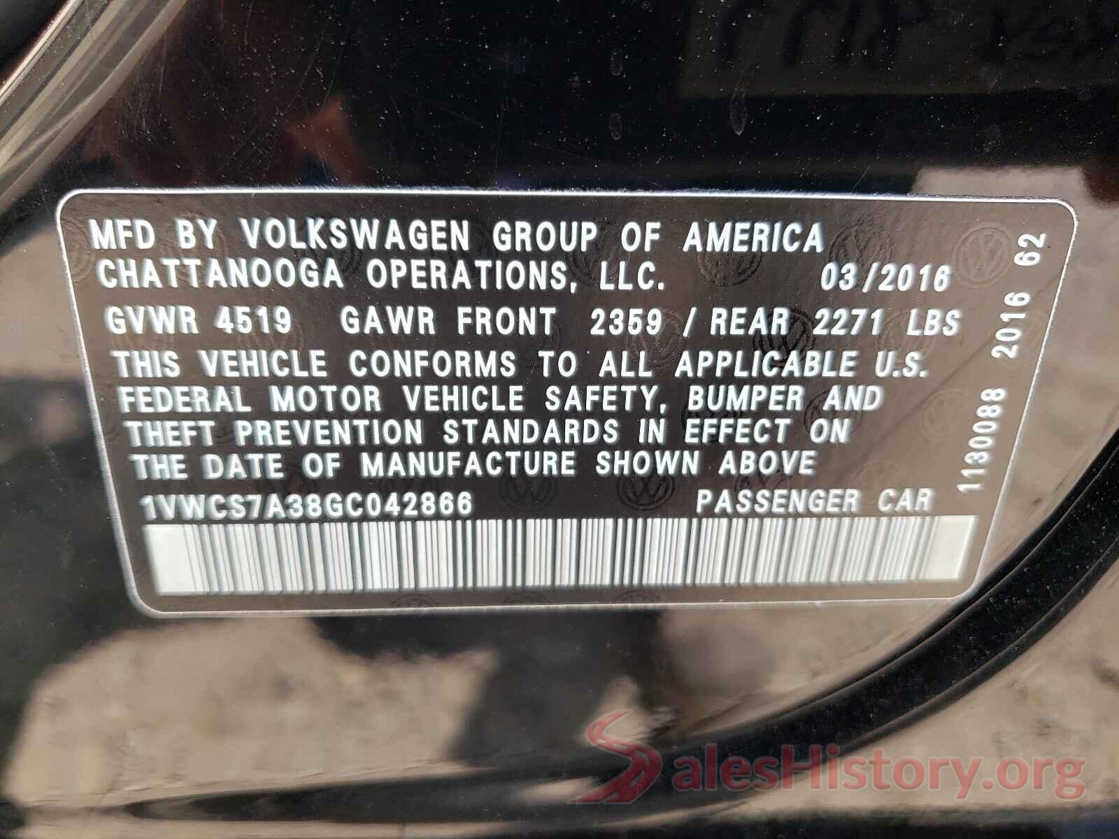 1VWCS7A38GC042866 2016 VOLKSWAGEN PASSAT