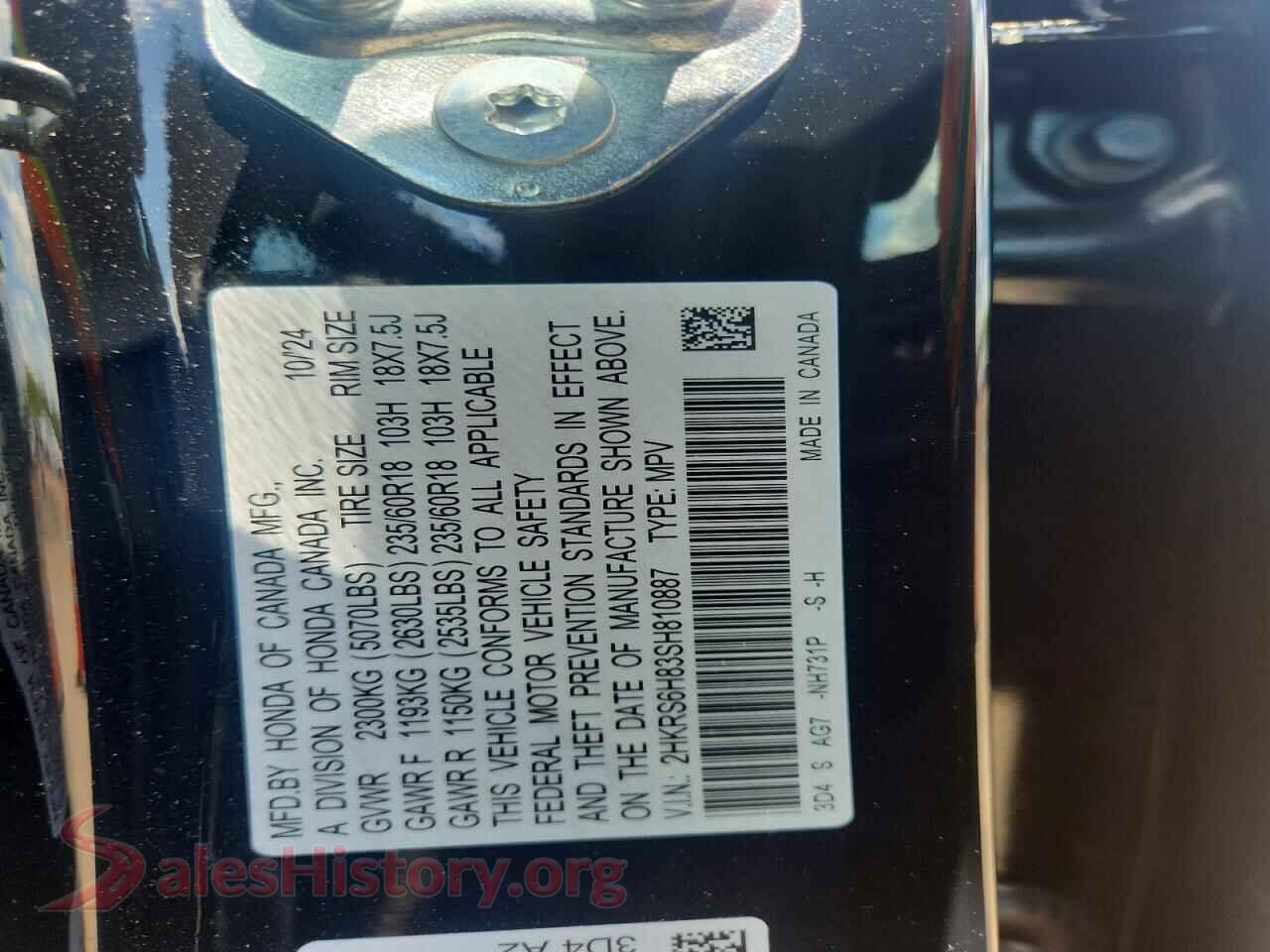 2025 HONDA CRV VIN 2HKRS6H83SH810887, trunk area