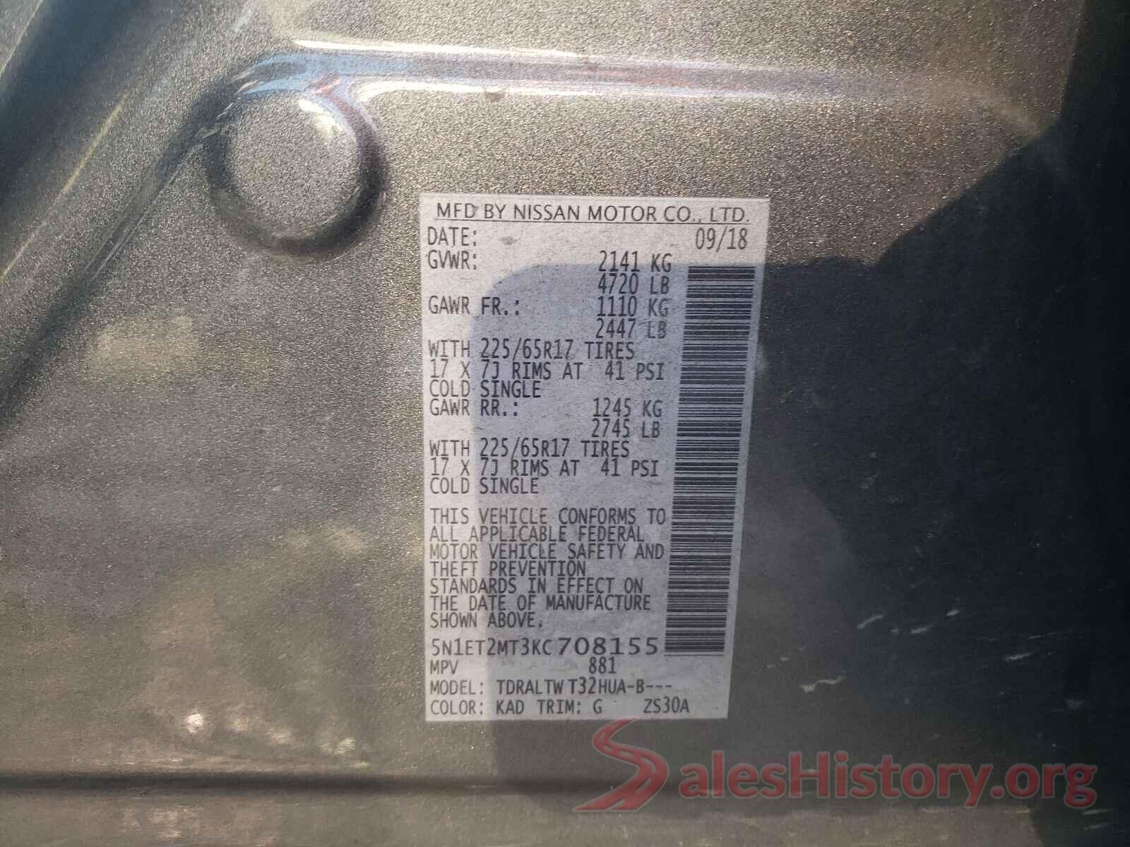 5N1ET2MT3KC708155 2019 NISSAN ROGUE