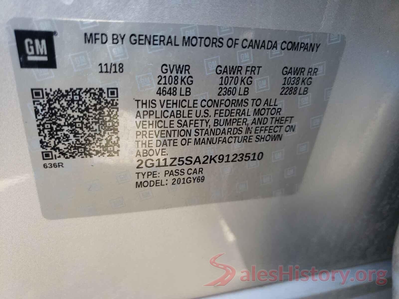 2G11Z5SA2K9123510 2019 CHEVROLET IMPALA