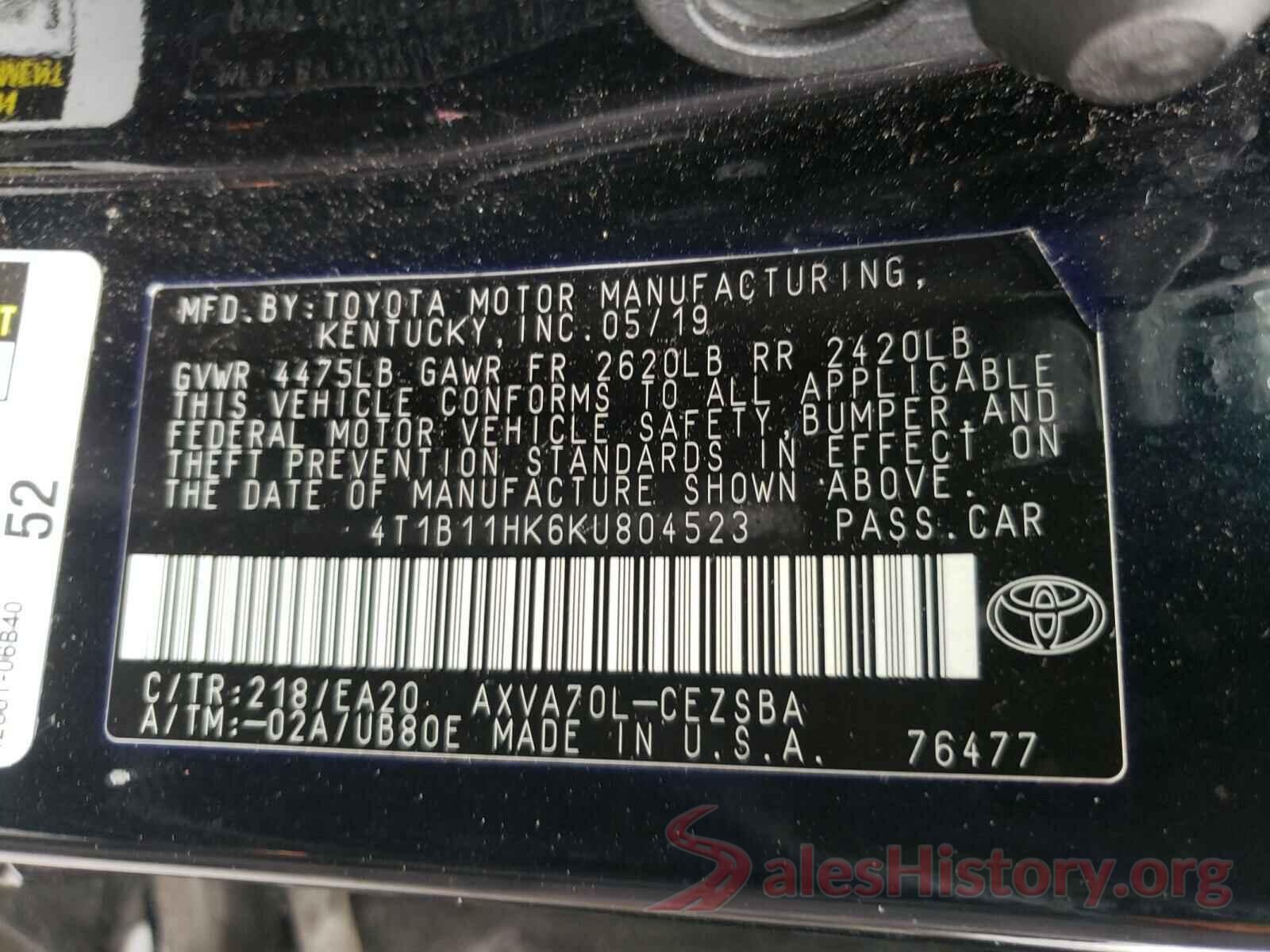 4T1B11HK6KU804523 2019 TOYOTA CAMRY