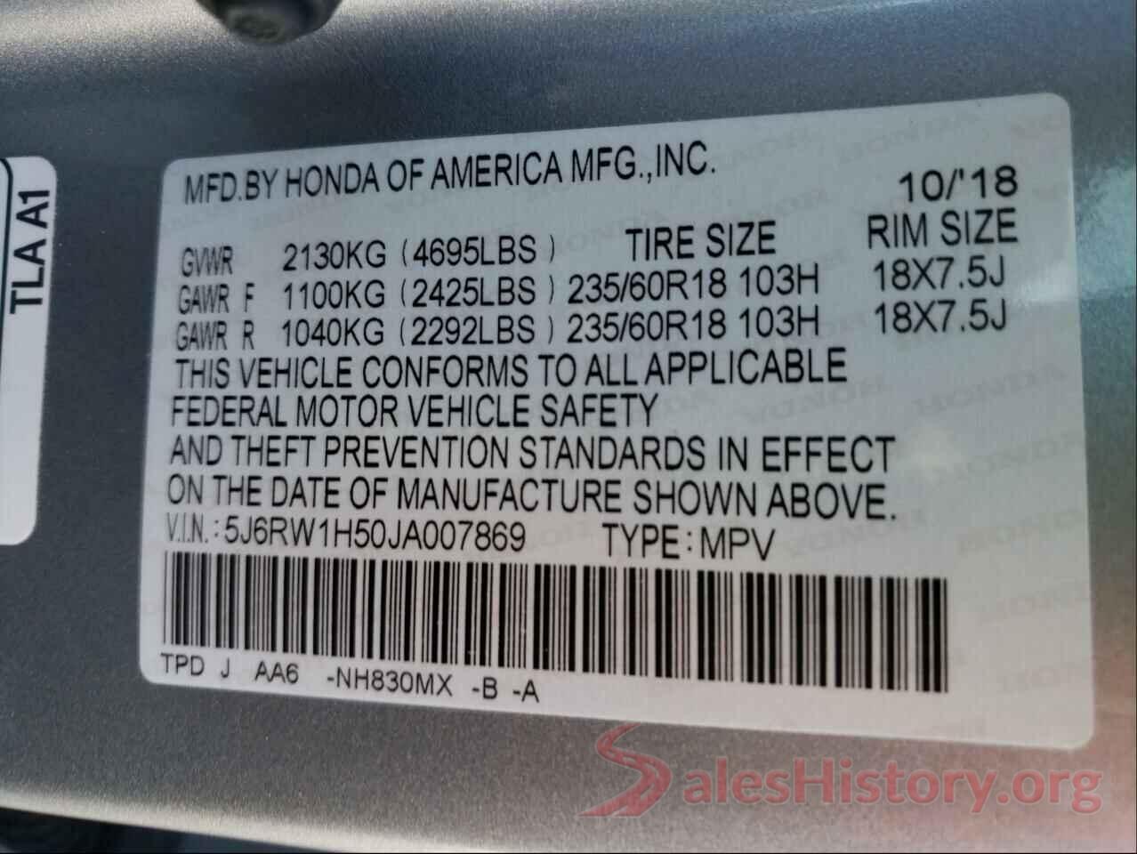 5J6RW1H50JA007869 2018 HONDA CRV