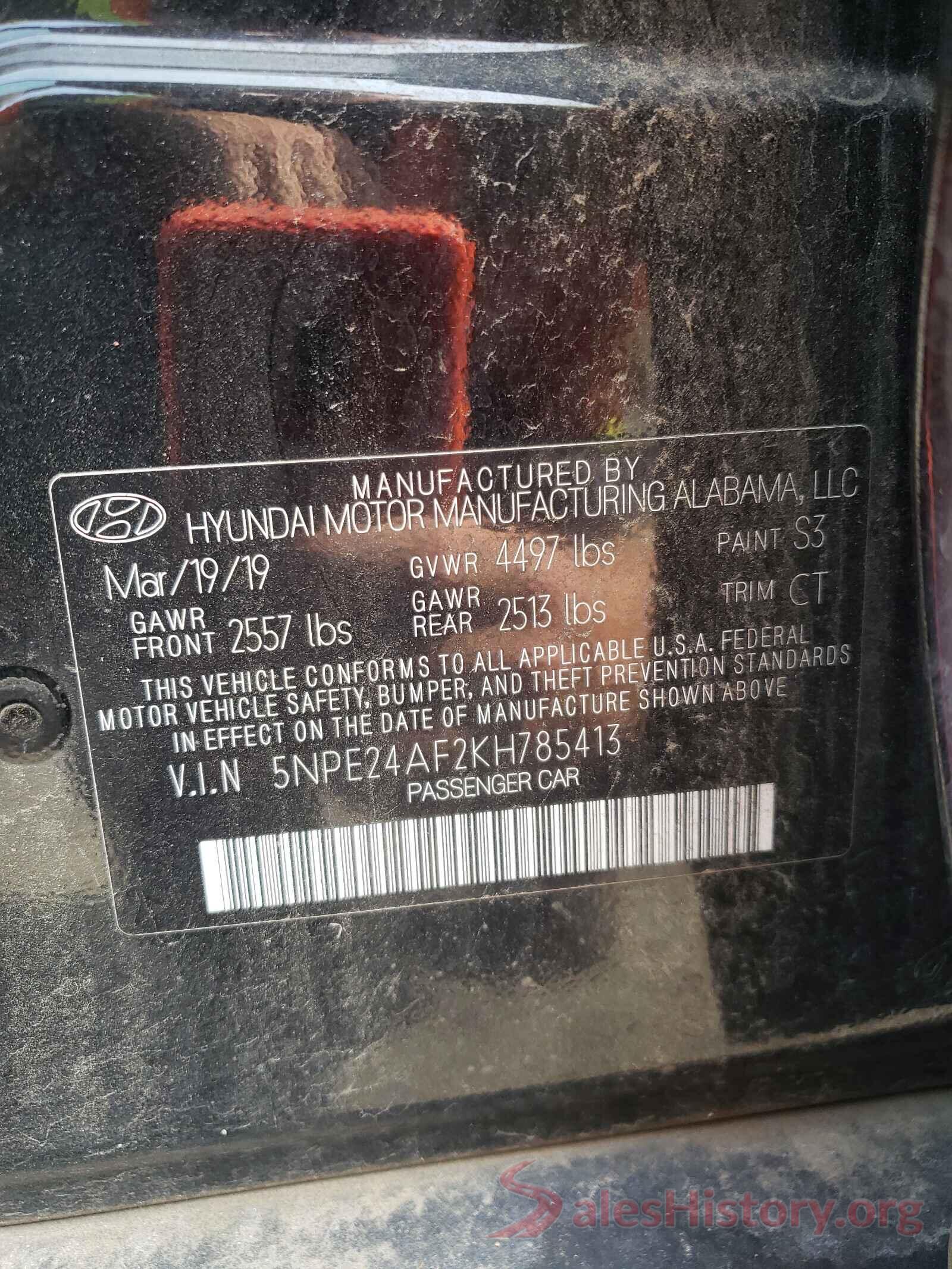 5NPE24AF2KH785413 2019 HYUNDAI SONATA