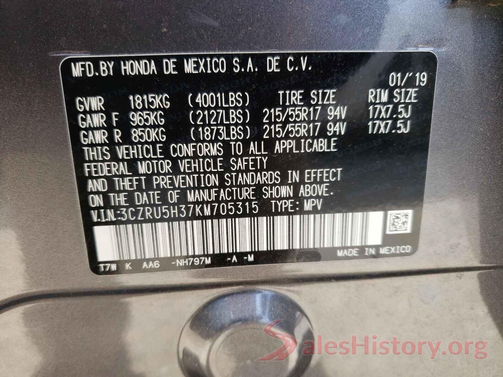 3CZRU5H37KM705315 2019 HONDA HR-V