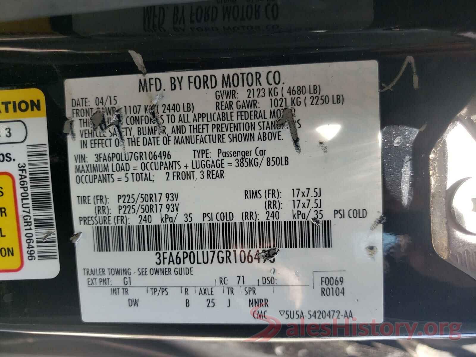 3FA6P0LU7GR106496 2016 FORD FUSION