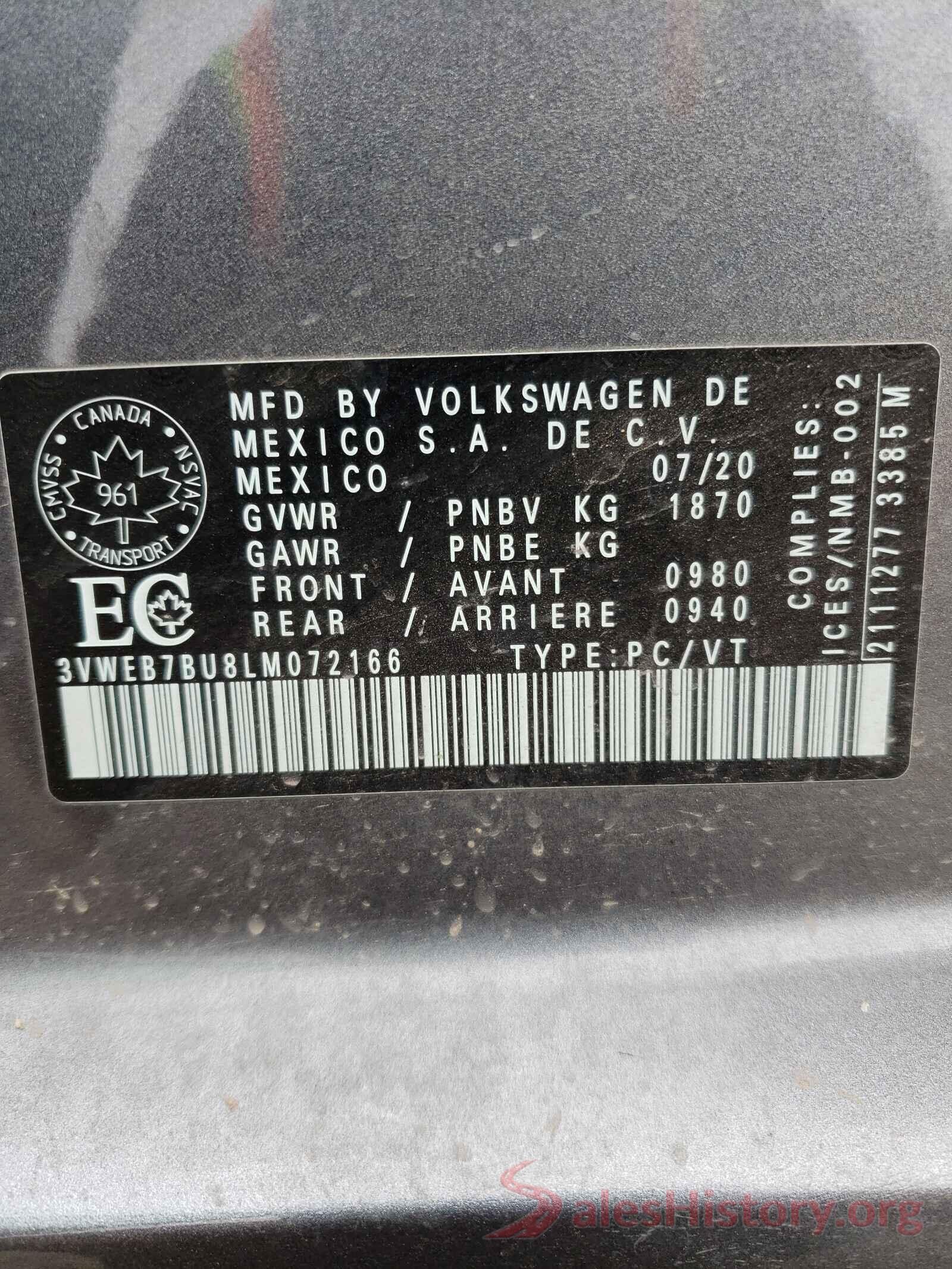 3VWEB7BU8LM072166 2020 VOLKSWAGEN JETTA