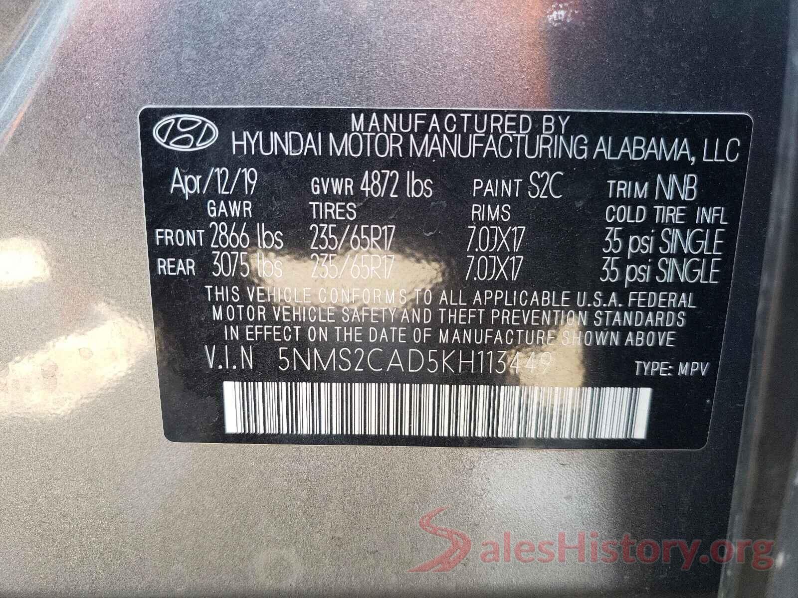 5NMS2CAD5KH113449 2019 HYUNDAI SANTA FE