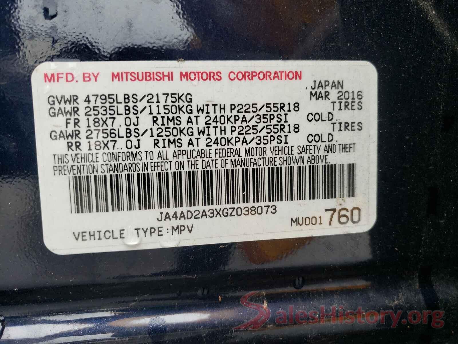 JA4AD2A3XGZ038073 2016 MITSUBISHI OUTLANDER