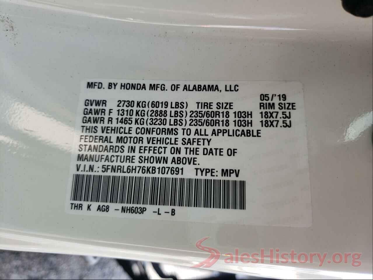 5FNRL6H76KB107691 2019 HONDA ODYSSEY