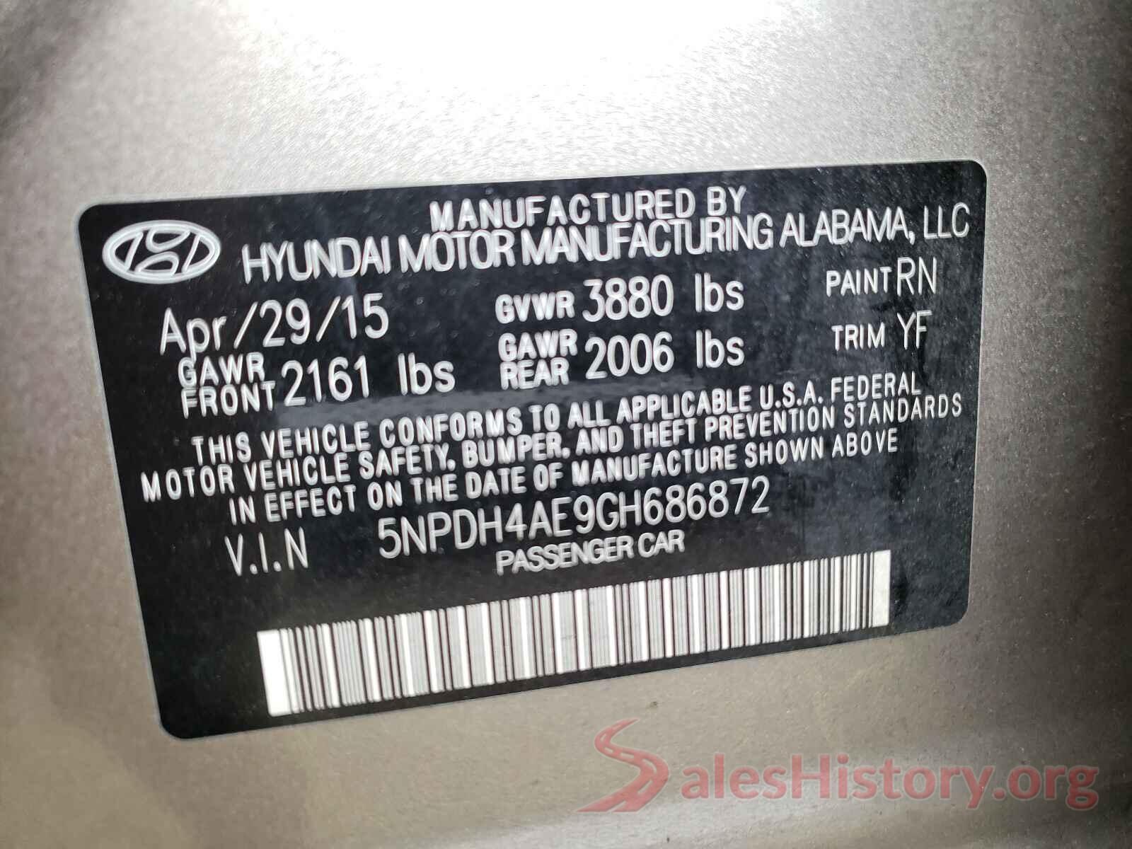 5NPDH4AE9GH686872 2016 HYUNDAI ELANTRA