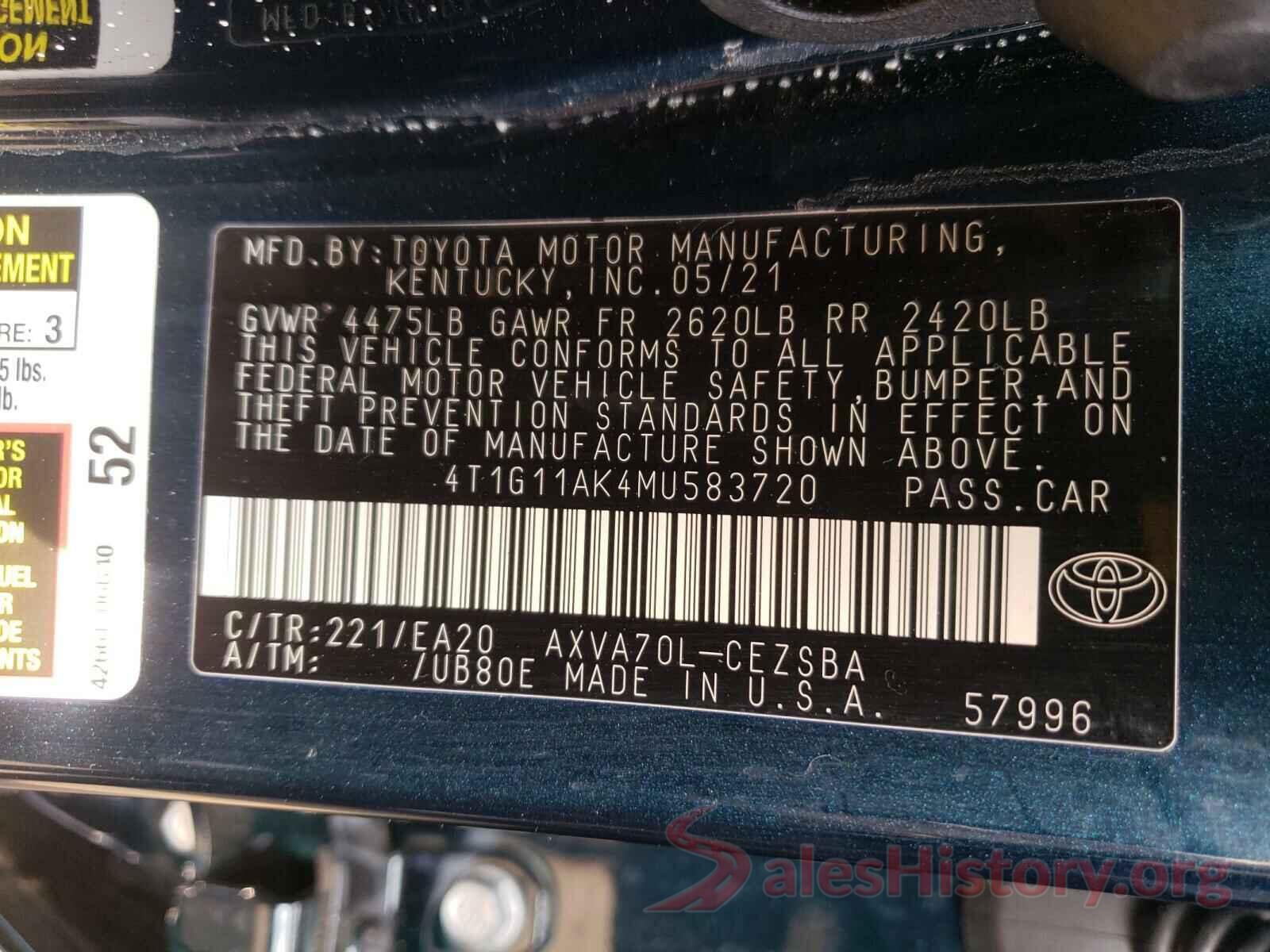 4T1G11AK4MU583720 2021 TOYOTA CAMRY