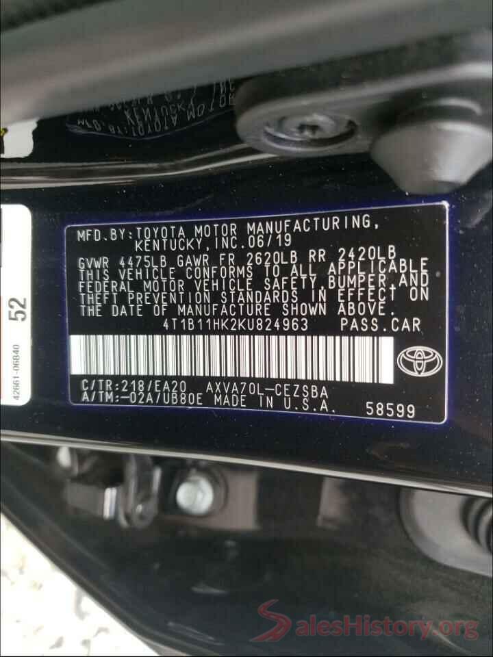 4T1B11HK2KU824963 2019 TOYOTA CAMRY