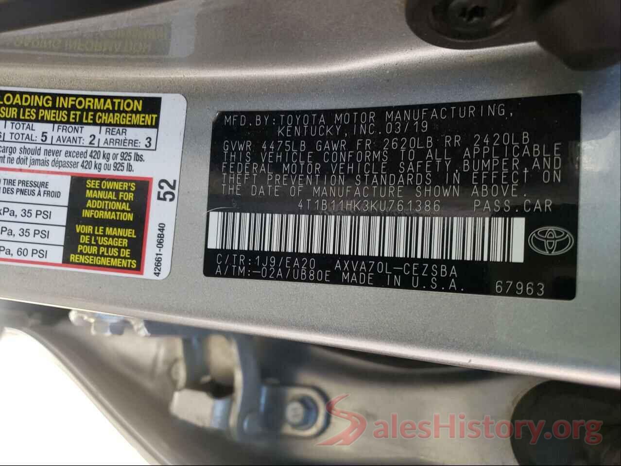 4T1B11HK3KU761386 2019 TOYOTA CAMRY