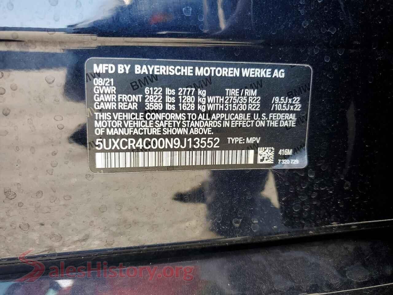 2022 BMW X5 VIN 5UXCR4C00N9J13552, trunk area
